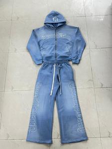 Wholesale Custom Blue <b>Hooded</b> 100% Cotton Breathable Lightweight Tracksuit Set Full <b>Zip</b> Jacket Pants Streetwear Style Adults - Product Image 1
