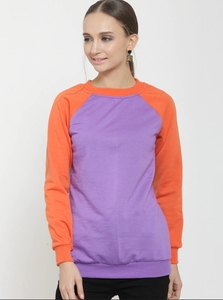 Sweat-shirt à col rond pour femme, à blocs de couleur, manches longues, violet orange, tricoté décontracté, 100% coton, vêtements d'automne - Product Image 3