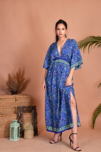 Bohemian Vintage Silk Side Slit Maxi <b>Dresses</b> For Women Recycled Silk V Neck Floral Print <b>Dress</b> for Party Summer Casual Wear - Product Image 5