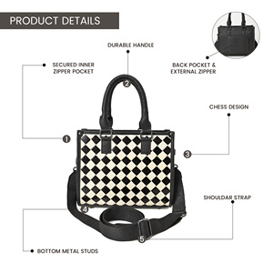 Luxury Checkerboard Leather Handbag for Women Black White Woven Crossbody Tote Bag with Adjustable <b>Shoulder</b> <b>Strap</b> - Product Image 4