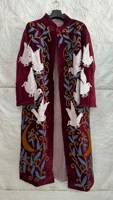 Manteau long bohème bordeaux pour femme, veste d'extérieur tendance avec broderie Lune et Vigne, et broderie oiseau blanc