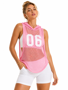 Camiseta sin mangas de malla blanca para mujer, con capucha, transparente, con estampado de nombre personalizado, estilo deportivo, para verano - Product Image 4