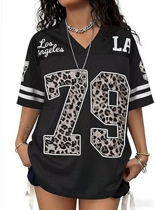 Custom Mesh Jersey Oversized Streetwear Shirt Leopard Print Number 79 Graphic <b>Hip</b> Hop Fashion Los Angeles V-Neck Short Top - Product Image 4