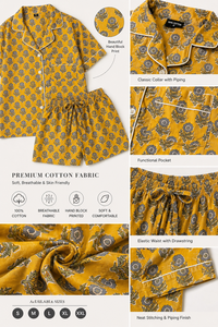Conjunto de Pijama de Algodón para Mujer con Estampado Floral de Mostaza, Camisa de Manga Corta y Pantalones Cortos, Hecho a Mano, Obra Maestra Casual - Product Image 2