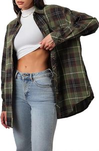Custom Logo Womens Long Sleeve Woven 100% Cotton Flannel Shacket Oversized Casual <b>Checkered</b> Button Shirt <b>Jacket</b> Low MOQ - Product Image 1