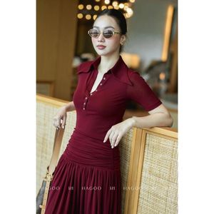Vestido Maxi Formal de Verano para Mujer al por Mayor, con Cuello Polo, Manga Corta, Falda Plisada y Fruncida, Estilo Casual Diario V9076 - Product Image 2