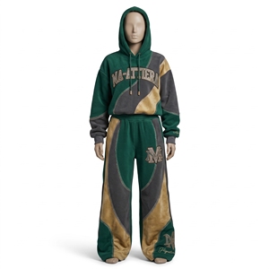 Conjunto de Sudadera con Capucha y Pantalones Anchos de Chándal para Mujer, Verde, Dorado y Gris Carbón, con Parches, Bordado de Pedrería Personalizado, Estilo Urbano - Product Image 3