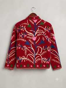 CHOHAN TEXTILE Red Embroidered Knitted Women's Quilted Jacket Ruffles Floral Pattern Stand Collar Zip-Up Coat 100% Cotton Ethnic - Product Image 2