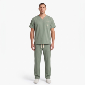 Conjunto de Uniforme Médico para Hombre, Elástico en 4 Direcciones, Poliéster Rayón, Cuello en V, Uniforme Hospitalario - OEM Personalizado, Color Verde Salvia Lavado, Talla XS, Tejido Sarga Suave Mate - Product Image 1