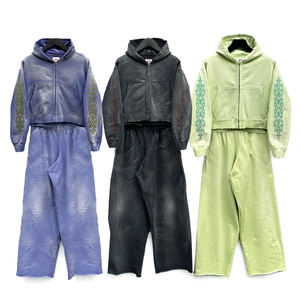 Conjunto de Sudadera con Capucha con Cremallera y Pantalones Deportivos de Felpa de Algodón Pesado, con Apliques Bordados Personalizados, Lavado Ácido y Parches Desgastados, para Invierno - Product Image 1