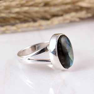 Handmade 925 Sterling <b>Silver</b> Blue Fire Labradorite <b>Ring</b>, Matte Finish Oval Gemstone <b>Statement</b> Band, Artisan Handcrafted <b>Ring</b> - Product Image 2