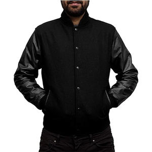 Chaqueta Universitaria de Lana Gruesa y Transpirable, Chaqueta Varsity Negra Personalizada con Cuello Alto y Logotipo Frontal, Precio Económico al por Mayor - Product Image 1