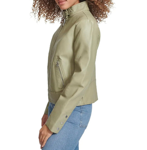 Chaqueta de Motociclista de Cuero Sintético PU Verde Oliva para Mujer, Nueva Colección 2026, Cuello Alto, Manga Larga, Cierre de Cremallera, Color Sólido, Estilo Biker, para Otoño - Product Image 5