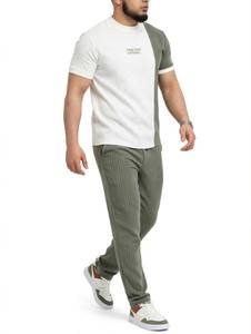 ONETEN APPAREL Ensemble de t-shirts à col rond pour homme, couleur contrastée, hiver, avec pantalon rayé, tenue décontractée en deux pièces - Product Image 2