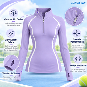 Camiseta de entrenamiento de tenis sin mangas para mujer con cremallera de un cuarto, cuello alto, orificios para los pulgares, elástica, para entrenamiento en cancha, 100% poliéster, corte ajustado - Product Image 6