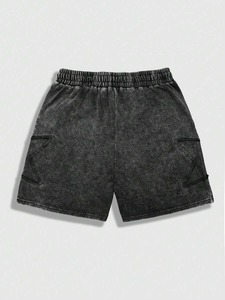 Shorts en molleton 100% coton de haute qualité, style streetwear, avec cordon de serrage, effet délavé, patchwork brodé et déchiré. - Product Image 6