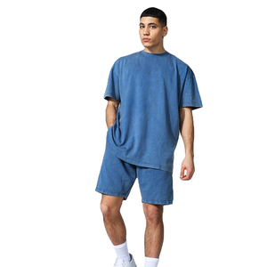 T-shirt en coton bleu vintage surdimensionné pour homme, manches courtes, col rond, décontracté, respirant, coupe jersey, longueur normale, 280g - Product Image 4