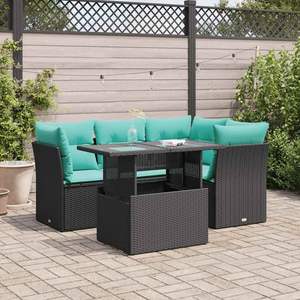 Ensemble de canapés de patio en polyrotin noir et acacia, 5 pièces, avec coussins, pour usage en jardin - Product Image 1