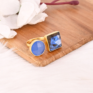 Designer <b>Labradorite</b> & Blue Chalcedony Two Stone <b>Ring</b> Gold Plated Adjustable Fashion Jewelry for Women - Product Image 3