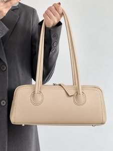 Vintage Beige PU Leather Two Straps Portable Shoulder <b>Bag</b> Bowler Purse Zipper Handbag with Polyester Lining for Travel - Product Image 2