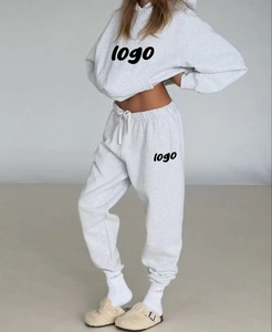 Women White Hooded <b>Tracksuit</b> Set Full Length Solid Color Side Pockets Drawstring Closure Printed Logo Casual Wear - Product Image 2