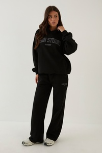 Conjunto Deportivo de Dos Piezas para Mujer, Sudadera con Capucha Negra Extra Grande, Pantalones Rectos de Cintura Alta, Estilo Casual - Product Image 3