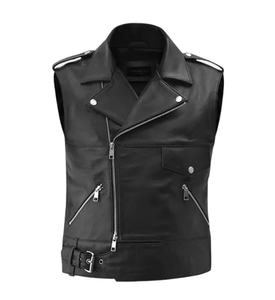Gilet de motard en cuir véritable noir et toile, fermeture boutonnée, col rond, ceinture à boucle, respirant, style vintage automne - Product Image 1