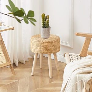 Poggiapiedi Ottomano in Giacinto Marino Naturale Intrecciato a Mano con Gambe in Legno Massello, Sgabello per Ingresso e Uso Alberghiero - Product Image 2