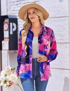 Camisa de poliéster para mujer, corte ajustado, con botones, manga larga, blusa elegante para el trabajo, informal, con estampado floral, con bolsillos - Product Image 5