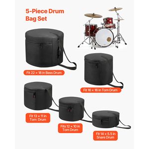 Juego de 5 Fundas Acolchadas para Batería de 600D, para Bombo de 22'', Tom de 12/13/16'' y Caja de 14'', Ligeras y con Acolchado Grueso - Product Image 2