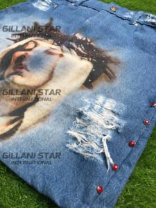 Denim <b>Shorts</b> Streetwear Summer High Waist Straight 100% Cotton Distressed Ripped DTG Print with Rhine Stones - Product Image 6