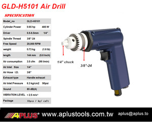 Taladro Neumático APLUS GLD-H5101, 20,000 RPM, 0.65HP, Rosca de Husillo 3/8-24, Portabrocas 1/4, Tipo de Engranaje, Peso 0.73kg, Aplicación en Aeronaves - Product Image 2