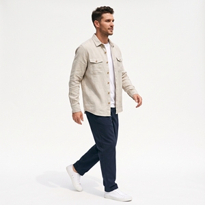 <b>Men</b> <b>Linen</b> Blend Shirt <b>Jacket</b> Button Front Long Sleeve Casual Workwear Outerwear with Chest Pockets - Product Image 1