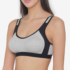 Sujetador deportivo de doble tirante gris y negro para mujer, cuello redondo, top corto transpirable para yoga, running, fitness y entrenamiento. - Product Image 5