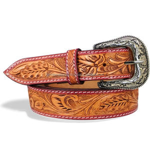 Best Quality Made in India Floral Design Embossed Tan Genuine Western <b>Leather</b> Tooling <b>Belt</b> for <b>Men</b> and Women - Product Image 4