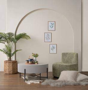 Modern Fluted Round Coffee Table <b>Grey</b> Marble Melamine Top Light <b>Grey</b> Wooden Body Matt Black Metal Leg <b>Frame</b> for Living Room - Product Image 6
