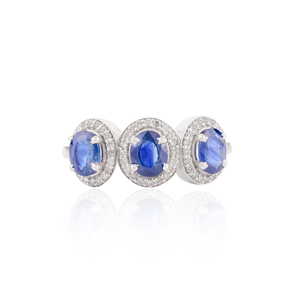 14K Solid Gold Blue Sapphire <b>Diamond</b> Three Stone Halo Wedding <b>Ring</b> - Product Image 2