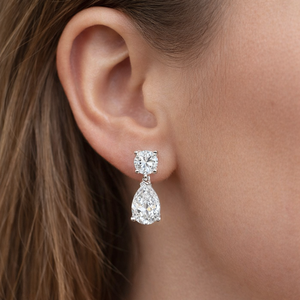 Boucles d'oreilles pendantes en diamant de laboratoire 4 carats (TCW) rond à poire en or blanc 14K et argent sterling, idéales pour mariage - Product Image 4