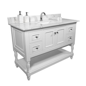 Top per mobile bagno in pietra rettangolare Montary 43x22 pollici con lavabo in ceramica sottopiano in pietra ingegnerizzata colore marmo bianco Carrara - Product Image 1