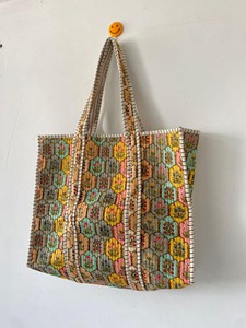 Bolso Tote de Algodón Acolchado con Diseño Floral Multicolor y Estampado a Mano, Estilo Bohemio, Bolso de Compras Casual Abierto para Mujer - Product Image 3