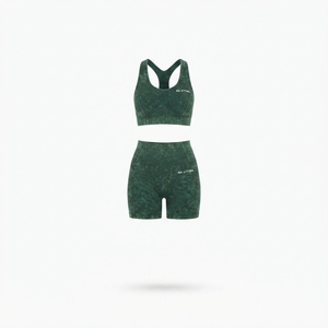 Women Dark <b>Green</b> Acid Wash Yoga <b>Set</b> Sports Bra High Waist Biker Shorts <b>Gym</b> Fitness Workout Activewear - Product Image 1