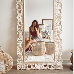 Ornate Shabby Chic Wooden <b>Wall</b> <b>Mirror</b> <b>Rectangular</b> Handmade Decorative Frame Floral Scroll Carving Home Use - Product Image 4
