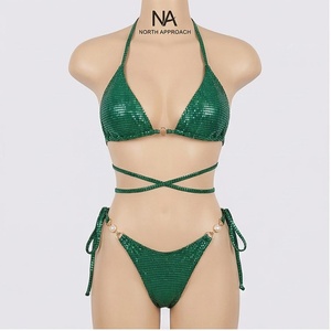 NORTH APPROACH Green Sequined 2 Piece <b>Bikini</b> <b>Set</b> Crossed Halter Top Tie Side Bottoms Women Swimwear - Product Image 1