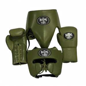 Ensemble de sparring de qualité supérieure, couleur bleue, No Boxing No Life, en cuir véritable, avec lacets, sangle réglable, protège-tête, protège-guêtres, Muay Thai - Product Image 2