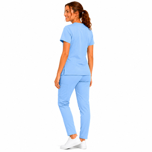Ensemble de tenue médicale personnalisé pour femme, bleu clair, haut à col en V et pantalon, en coton et polyester tricoté, style jogger extensible, pour hôpital - Product Image 3