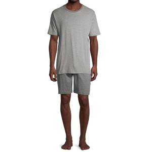 Conjunto de camiseta y pantalones cortos a rayas grises para hombre, cuello redondo, tejido, informal, transpirable, para verano - Product Image 1