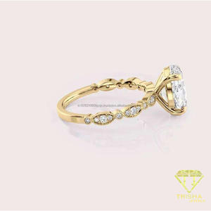 Bague de fiançailles en or jaune avec diamant de laboratoire taille ovale et bande accentuée d'un style vintage, élégante bague solitaire de mariage - Product Image 5