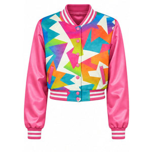 Chaqueta Varsity con Estampado Geométrico para Mujer, Chaqueta Bomber Rosa Satinada, Estilo Casual de Primavera, Manga Larga, Cuello Camisero, Material de Poliéster - Product Image 2