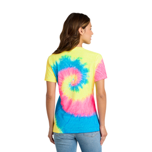 T-shirt décontracté d'été pour femme à col en V, tie-dye, manches courtes, coupe classique, en jersey 100 % coton, motif spirale bleu, rose, jaune - Product Image 2