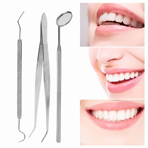 Juego de 3 piezas para examen dental: espejo dental, raspador tipo sierra y pinzas dentales. Instrumento manual con certificación CE Clase I. - Product Image 6